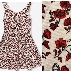H&M Red Floral Skater Dress Cream Scoop Neck Size S